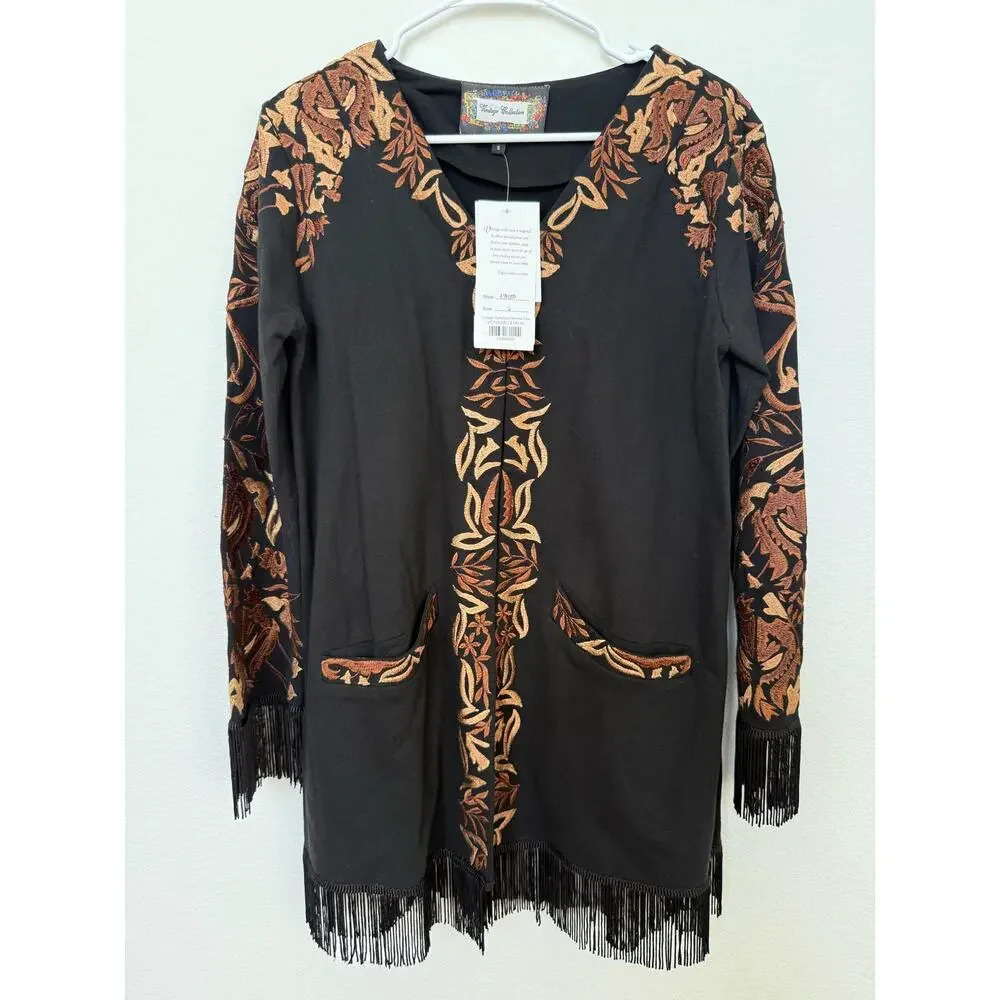 NWT Vintage Collection Mocha Fringe Western Coat Black Embroidered Floral Small‎